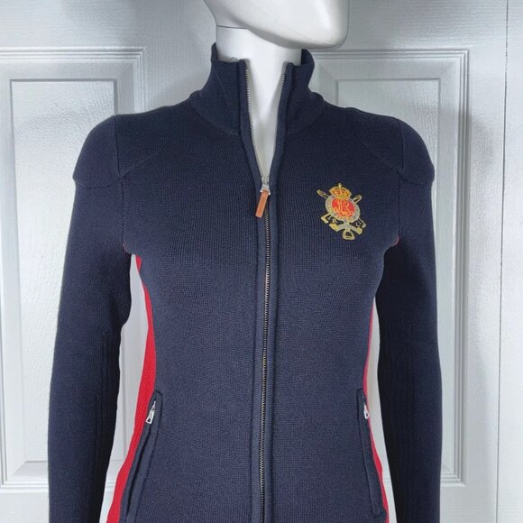 RALPH LAUREN logo crest women's full zip wool cardigan size XS - Picture 1 of 2